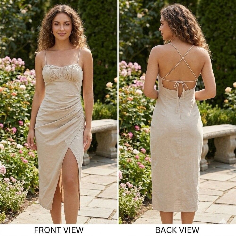 Zara Linen Midi Dress Womens XS Beige Babydoll Slit Beach Vacation Dress PTP 15